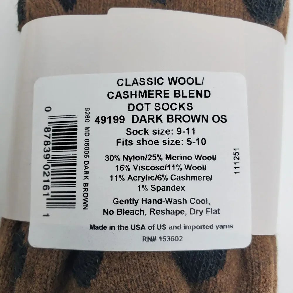 New Garnet Hill Dot Socks 9-11 Warm Cozy Cashmere Blend Crew Brown Holiday Gift